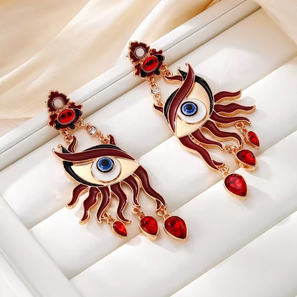 New! Devil,s Eye Motif Red and Gold Dangle Earrings